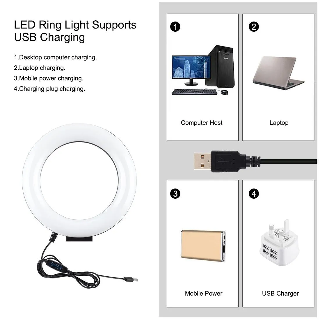 6.2 Led Ring Light with Usb 3 Modes Dimmable Vlogging Photography Video Pocket Tripod Mount Cold Shoe Ball Head Black