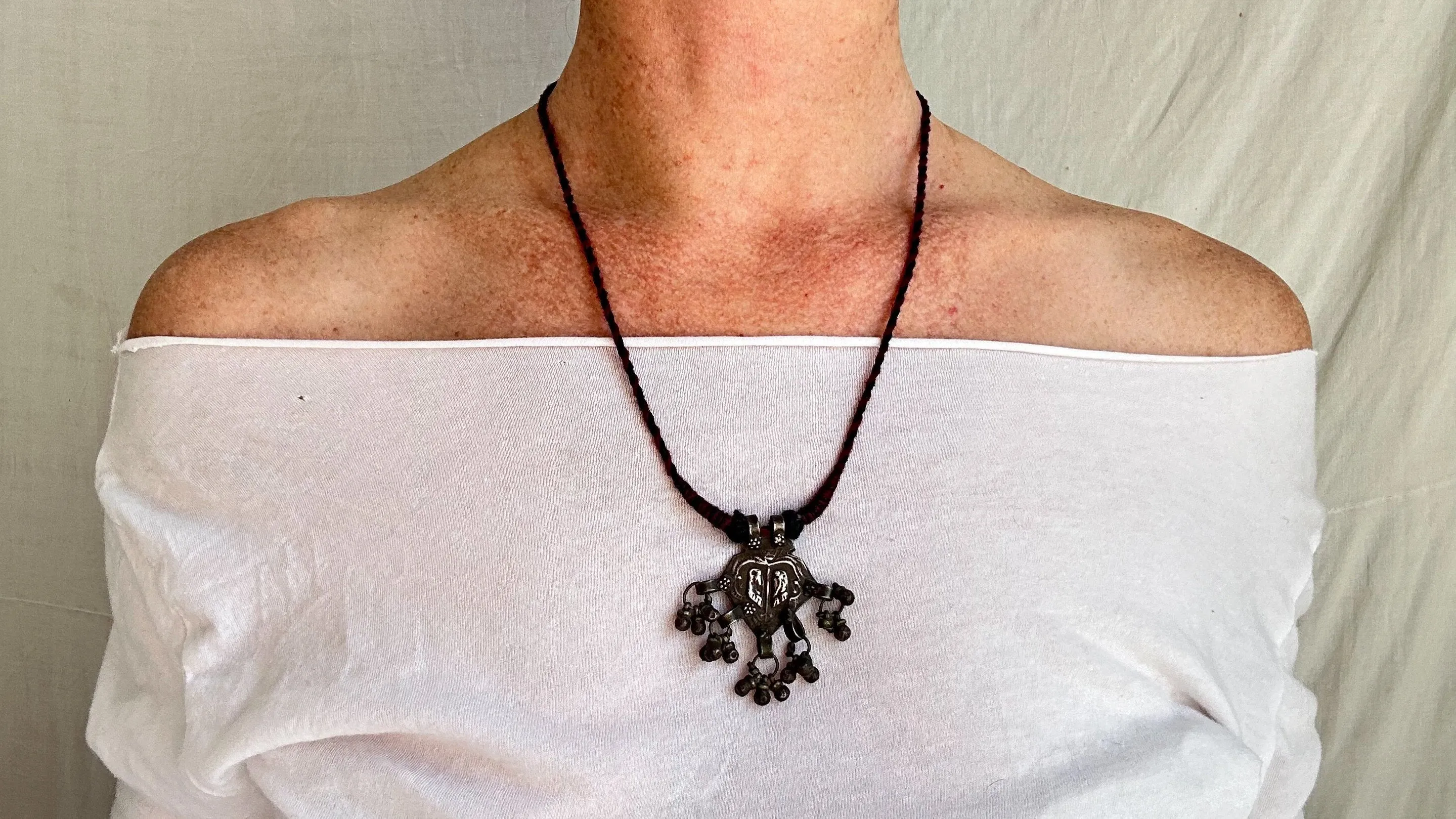 Antique Hindu Goddess Feet Amulet Necklace. Adjustable Length. 1051