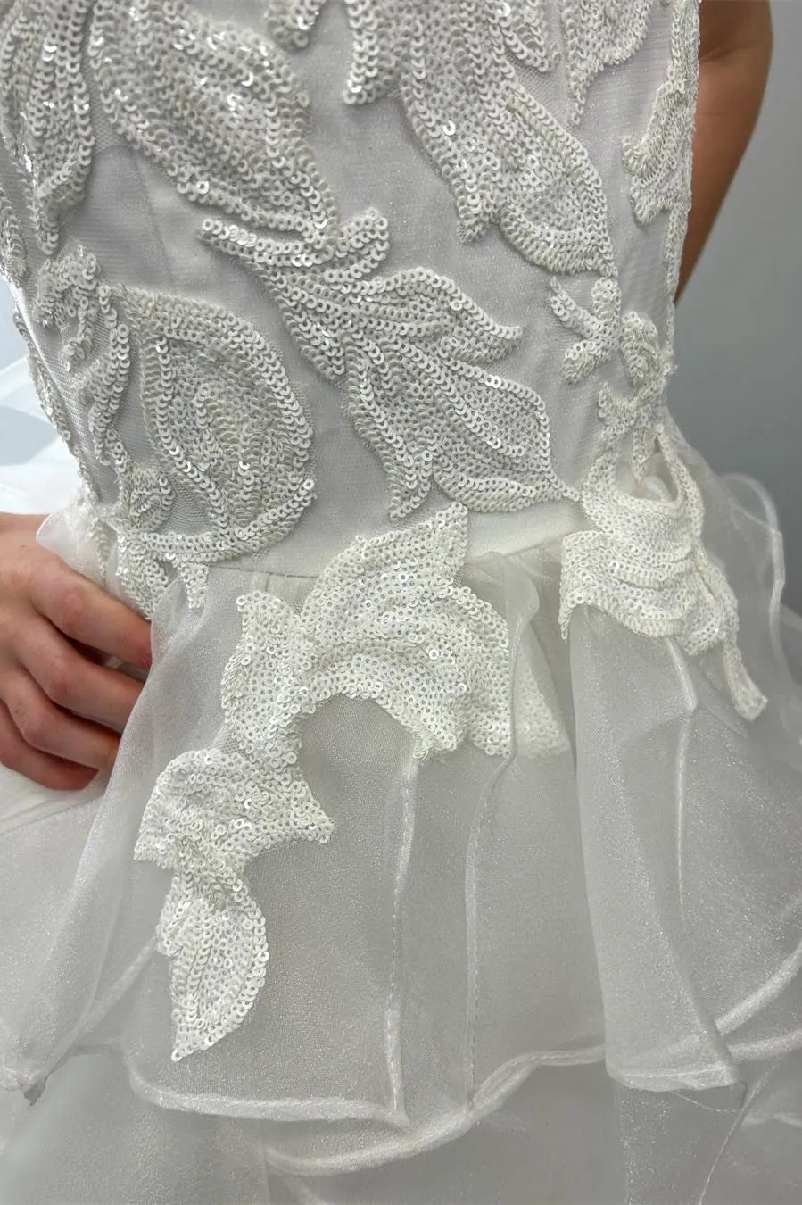 Asymmetrical White Glitter Appliques Multi-Layer Girl Pageant Dress
