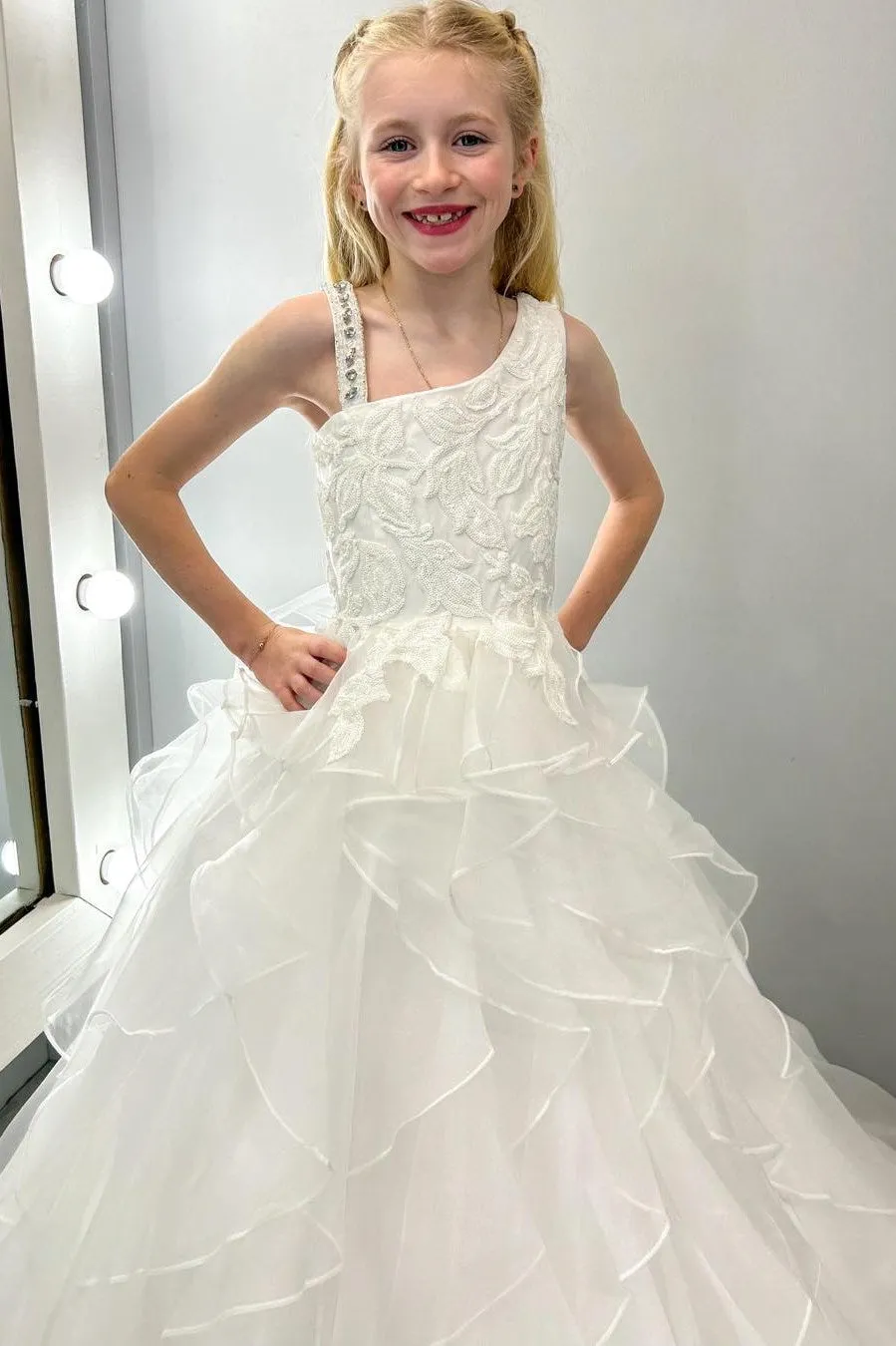 Asymmetrical White Glitter Appliques Multi-Layer Girl Pageant Dress