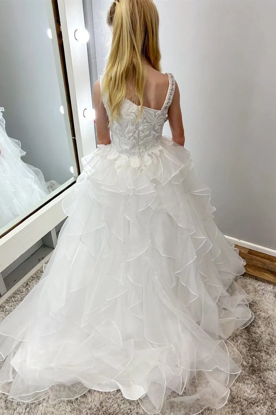 Asymmetrical White Glitter Appliques Multi-Layer Girl Pageant Dress