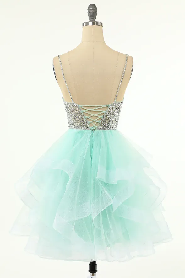 Coral Plunge V Multi-Layer Beaded Short Homecoming Dress