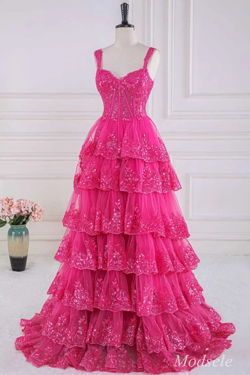 Fuchsia Tulle Sequin Sweetheart Ruffle Multi-Layer Ball Gown