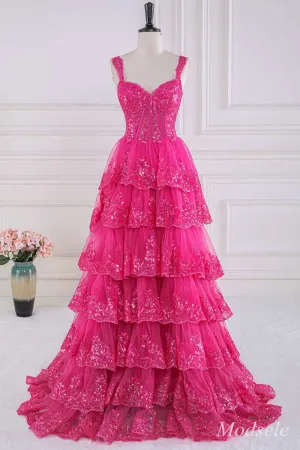 Fuchsia Tulle Sequin Sweetheart Ruffle Multi-Layer Ball Gown