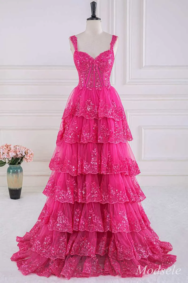 Fuchsia Tulle Sequin Sweetheart Ruffle Multi-Layer Ball Gown