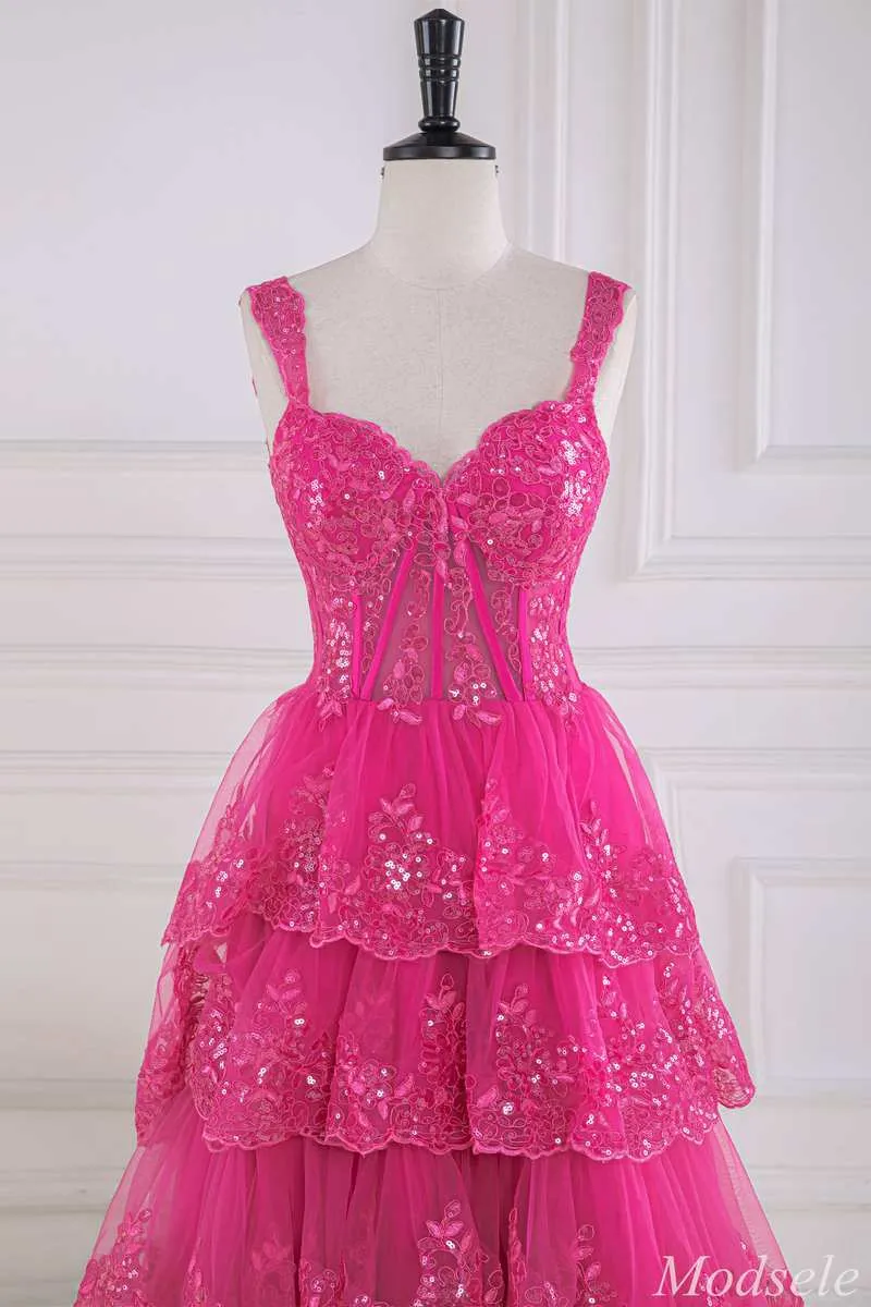 Fuchsia Tulle Sequin Sweetheart Ruffle Multi-Layer Ball Gown