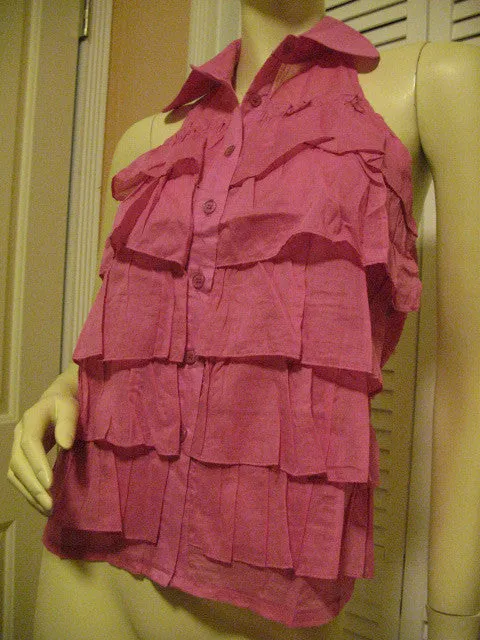 NEW Womens PINK Multi LAYER LAYERED TIER Sleeveless Collared HALTER TOP Summer Clothing