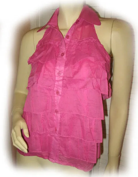 NEW Womens PINK Multi LAYER LAYERED TIER Sleeveless Collared HALTER TOP Summer Clothing