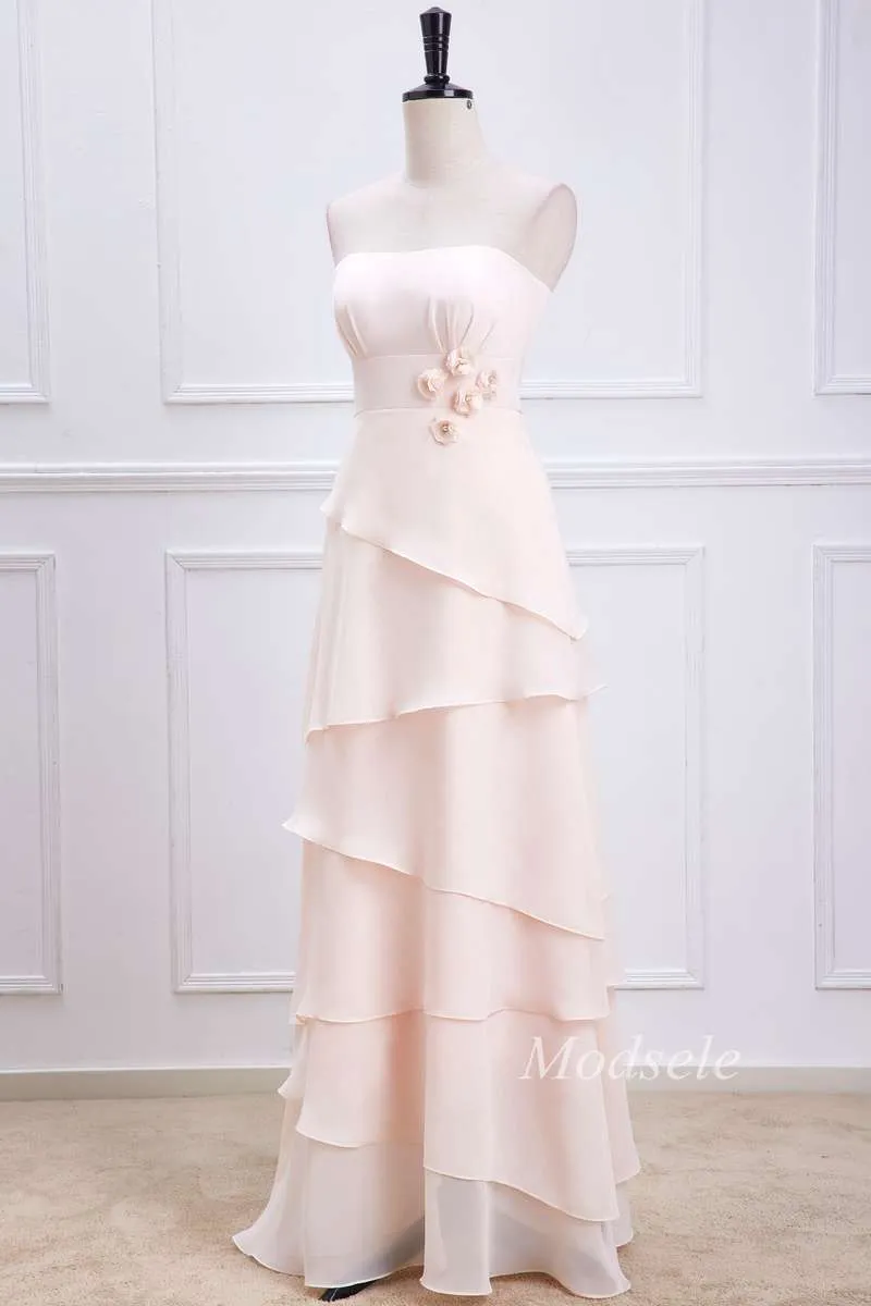 Oat Strapless Multi-Layer Maxi Dress with Handmade Flowers
