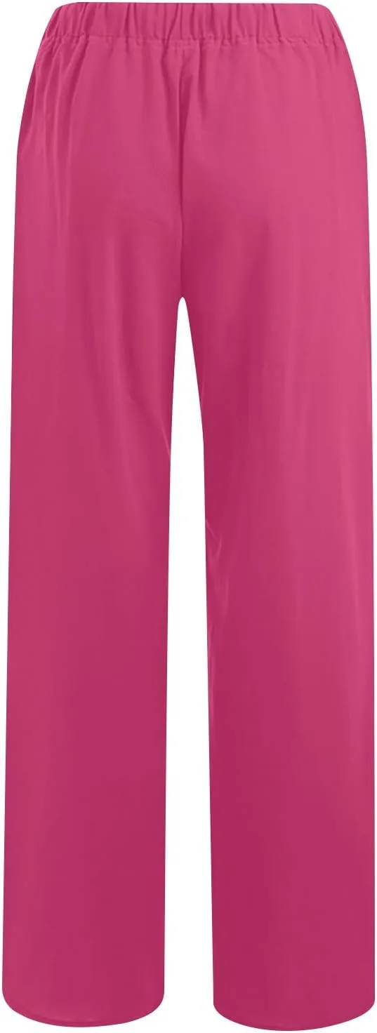 Wide Leg Pants for Women Summer Lightweight Cotton Linen Beach Trousers Lightweight Flowy Palazzo Pants with Pockets